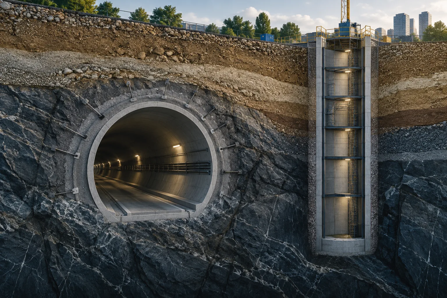 Túnel y pozo dentro de un modelo estratigráfico