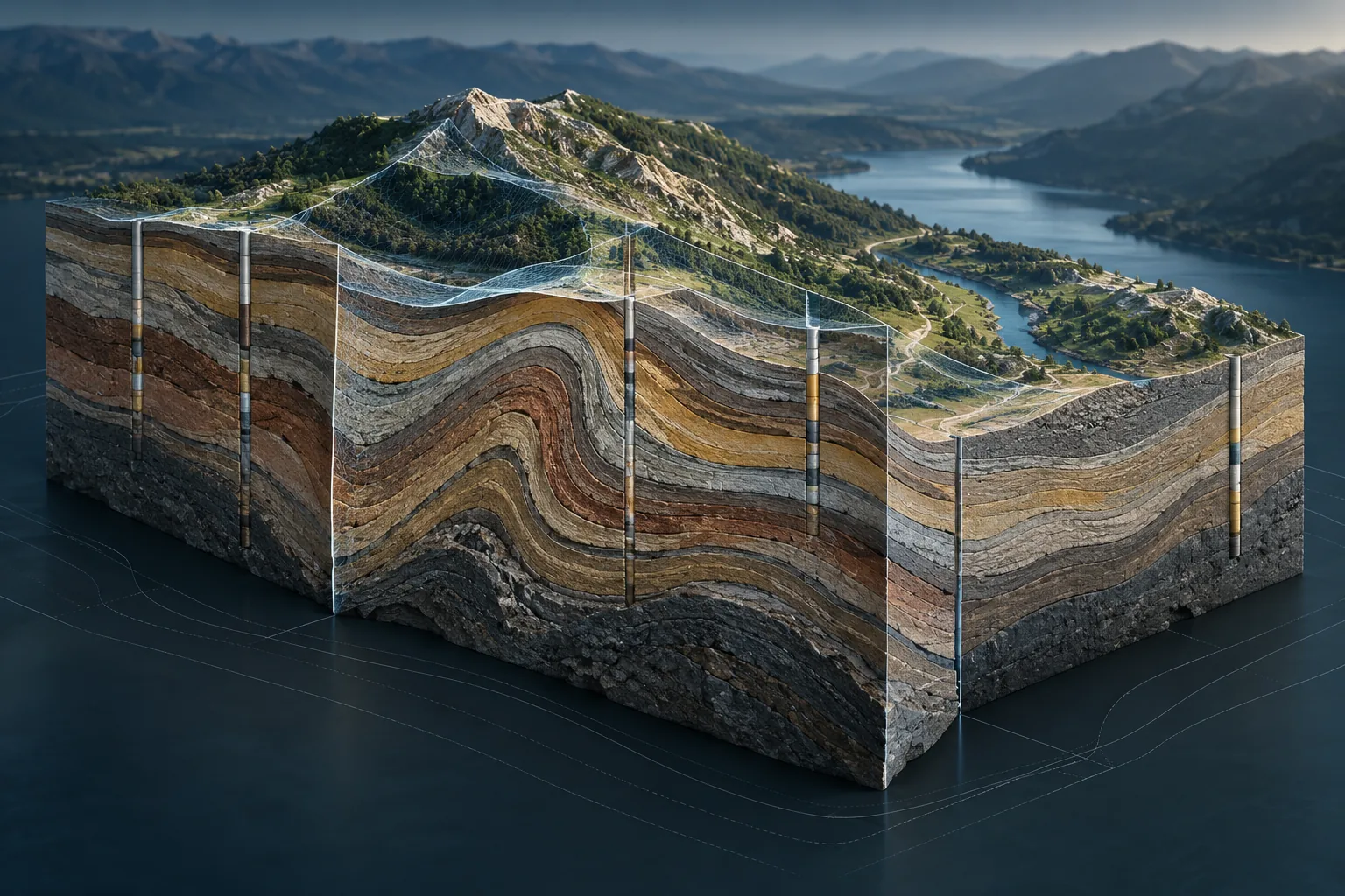 Modelo geológico tridimensional con estratos del subsuelo
